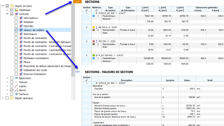 Éléments de rapport sélectionnés (à gauche) et contenu de chapitre (à droite)