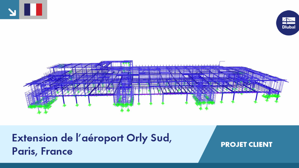 Projet d'extension de l'aéroport Paris Orly Sud montrant des détails structurels et architecturaux.