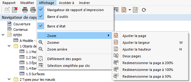 Menu du rapport d’impression « Affichage »