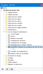 Navigateur Données, Paramètres pour l’analyse de simulation des flux de vent