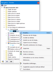 Menu contextuel du cas de charge