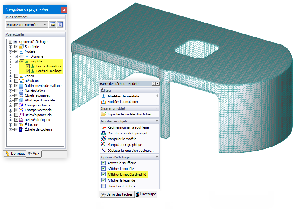 Options pour afficher le modèle simplifié dans le navigateur Vue et le panneau