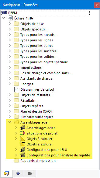 Catégories pour vérification des assemblages en acier dans le Navigateur - Données