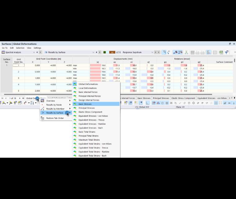 Menu contextuel pour les onglets du tableau