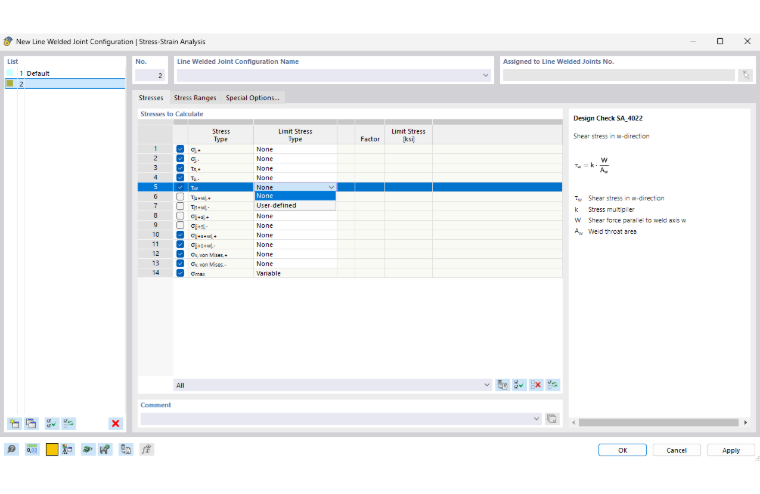 Configuration des soudures linéiques : Définir les contraintes à calculer