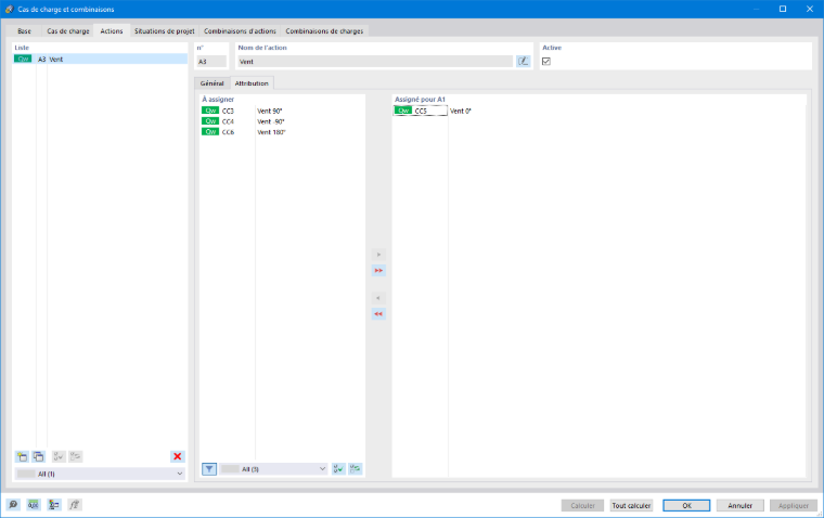 Modifier les cas de charge et combinaisons, actions