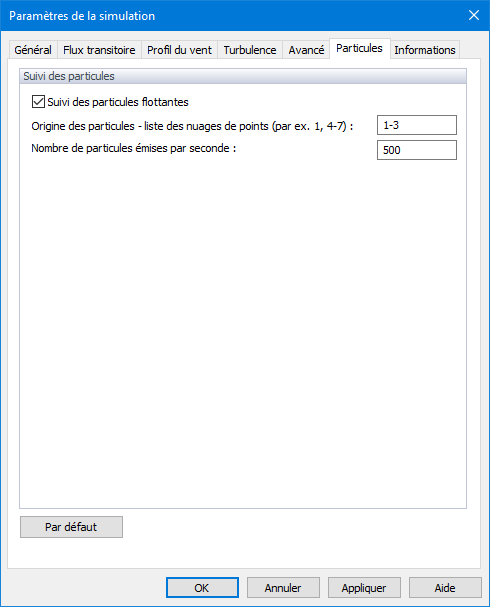 Paramètres de simulation, Particules