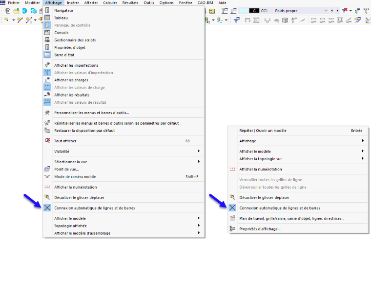 Fonction « Connecter automatiquement les lignes/barres » dans le menu (1) et le menu contextuel général (2)