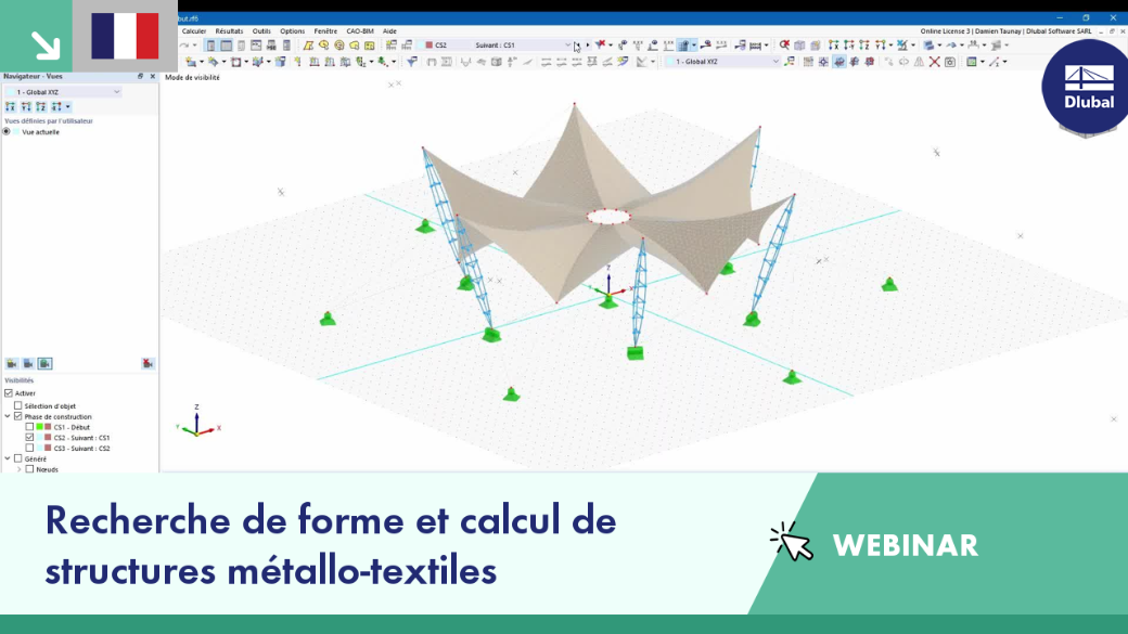 Construction métallique et textile analysée à l'aide de la recherche de forme et des calculs dans RFEM 6.