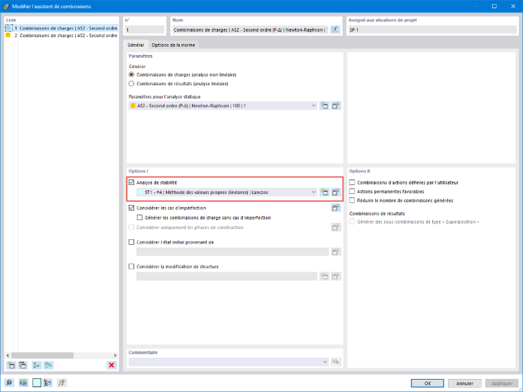 Activation de l’analyse de stabilité dans l’assistant de combinaison