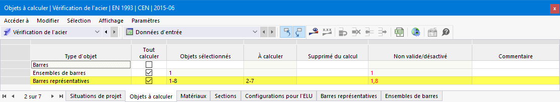 Tableau d’entrée pour les objets à calculer dans la vérification de l’acier | Représentants