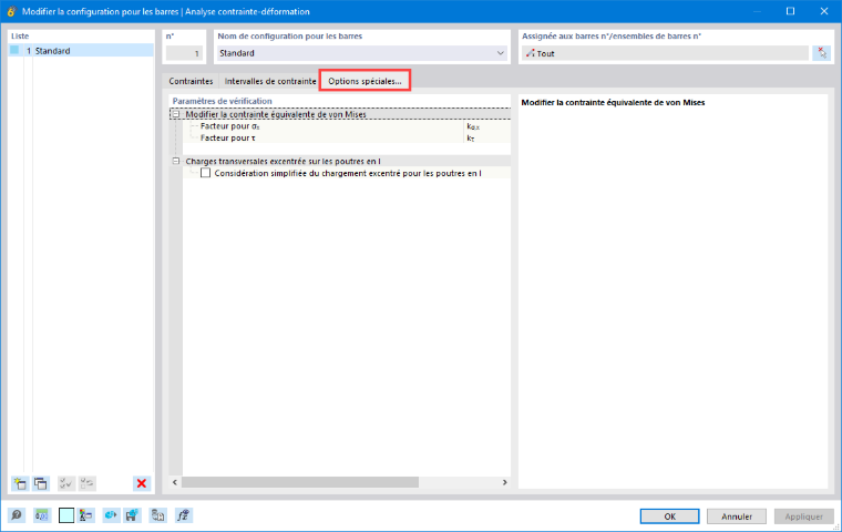 Configuration pour les barres | Options spéciales