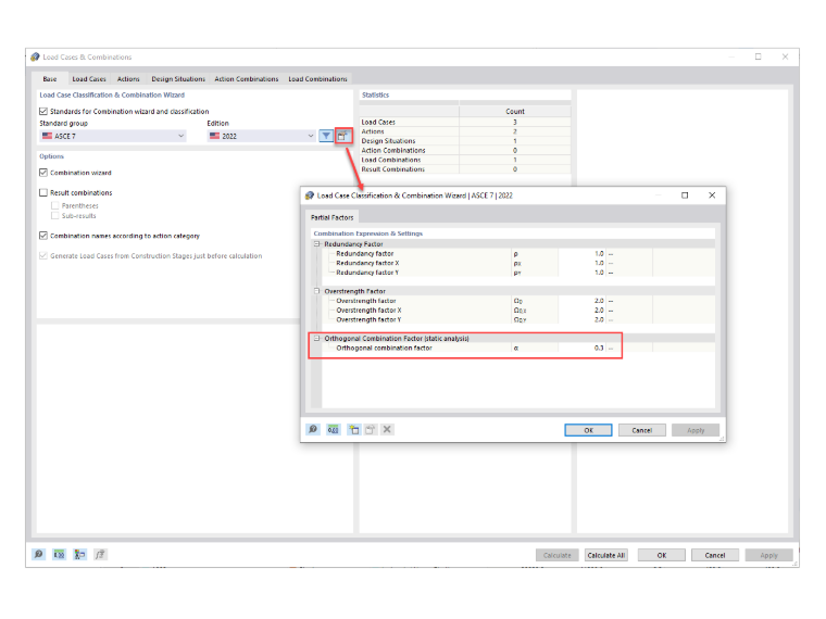FAQ 005299 | Comment appliquer la procédure de combinaison directionnelle orthogonale ASCE 7 (règle 100 % + 30 %) pour les charges sismiques dans une analyse statique ?