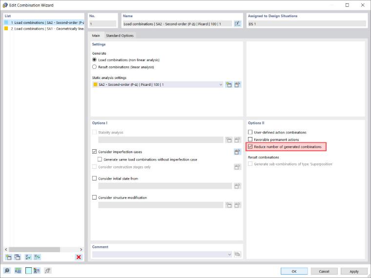 Option « Réduire le nombre de combinaisons générées » dans l’assistant de combinaisons