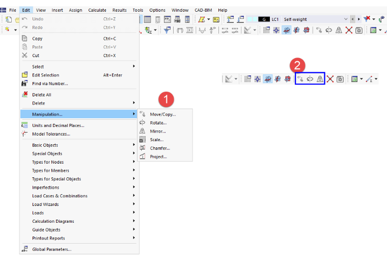 Outils de modélisation dans le menu « Modifier » et boutons dans la barre d'outils