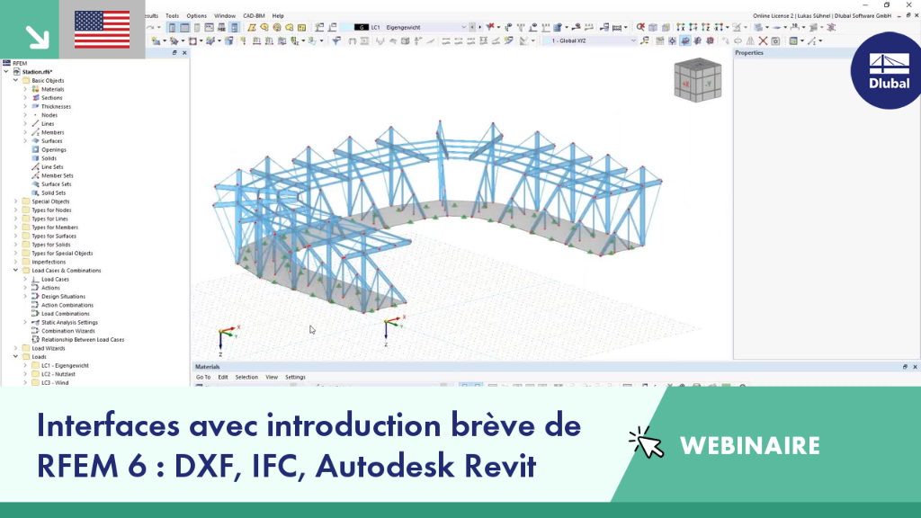 Webinar slide showcasing RFEM 6 interfaces with DXF, IFC, and Autodesk Revit integration.