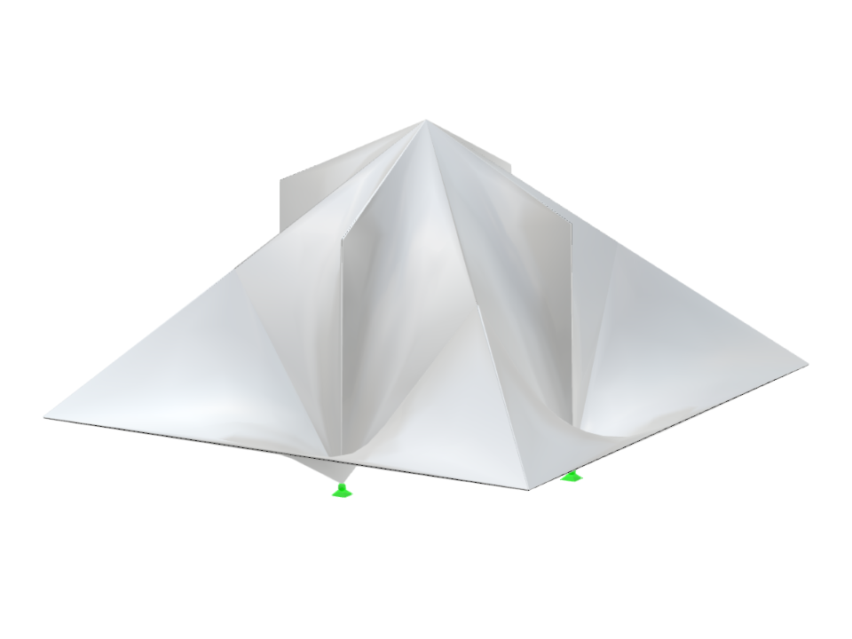 Un modèle présentant seize surfaces anticlastiques « hypar » sur un plan carré, illustrant des structures définissant l'espace avec des surfaces à bords droits.