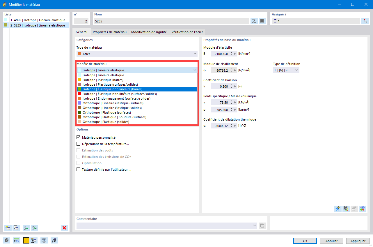 Modèles de matériaux dans RFEM 6