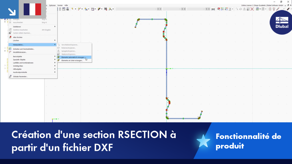 Représentation du processus de création d’une section RSECTION à partir d’un fichier DXF. Elle montre la fonction d'importation et les données géométriques générées de la section.