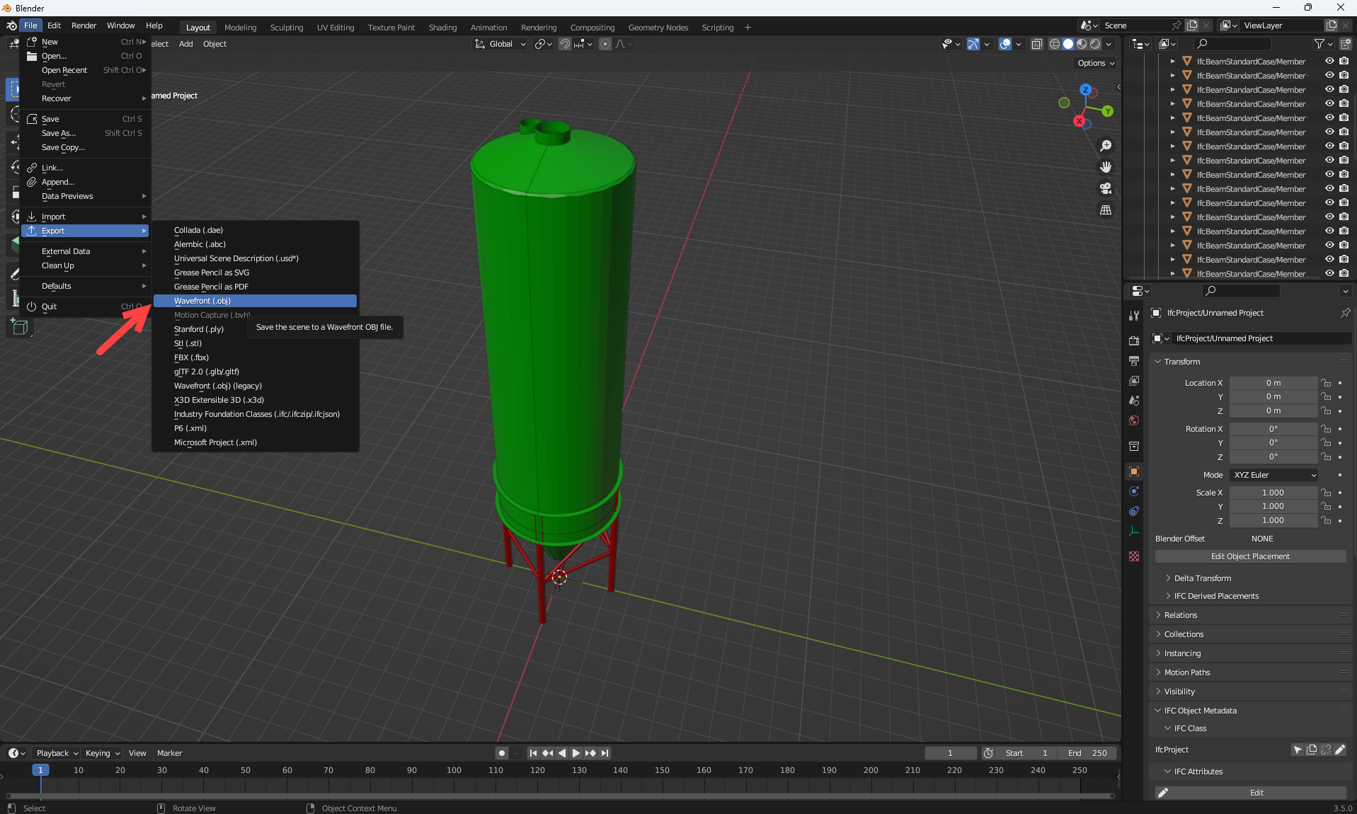 Exporter le modèle au format .OBJ à partir de Blender v. 3,5