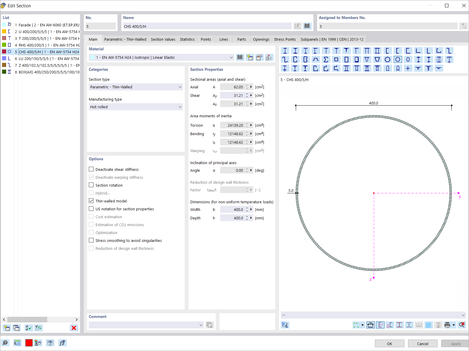 Exemple de section en aluminium dans RFEM 6