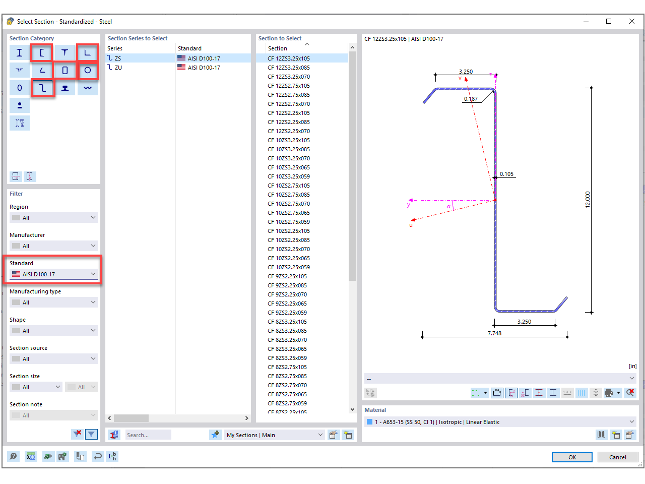 FAQ 005376 | Quelles sections standardisées sont disponibles pour la vérification de l'acier formé à froid selon l'AISI dans RFEM 6 ?