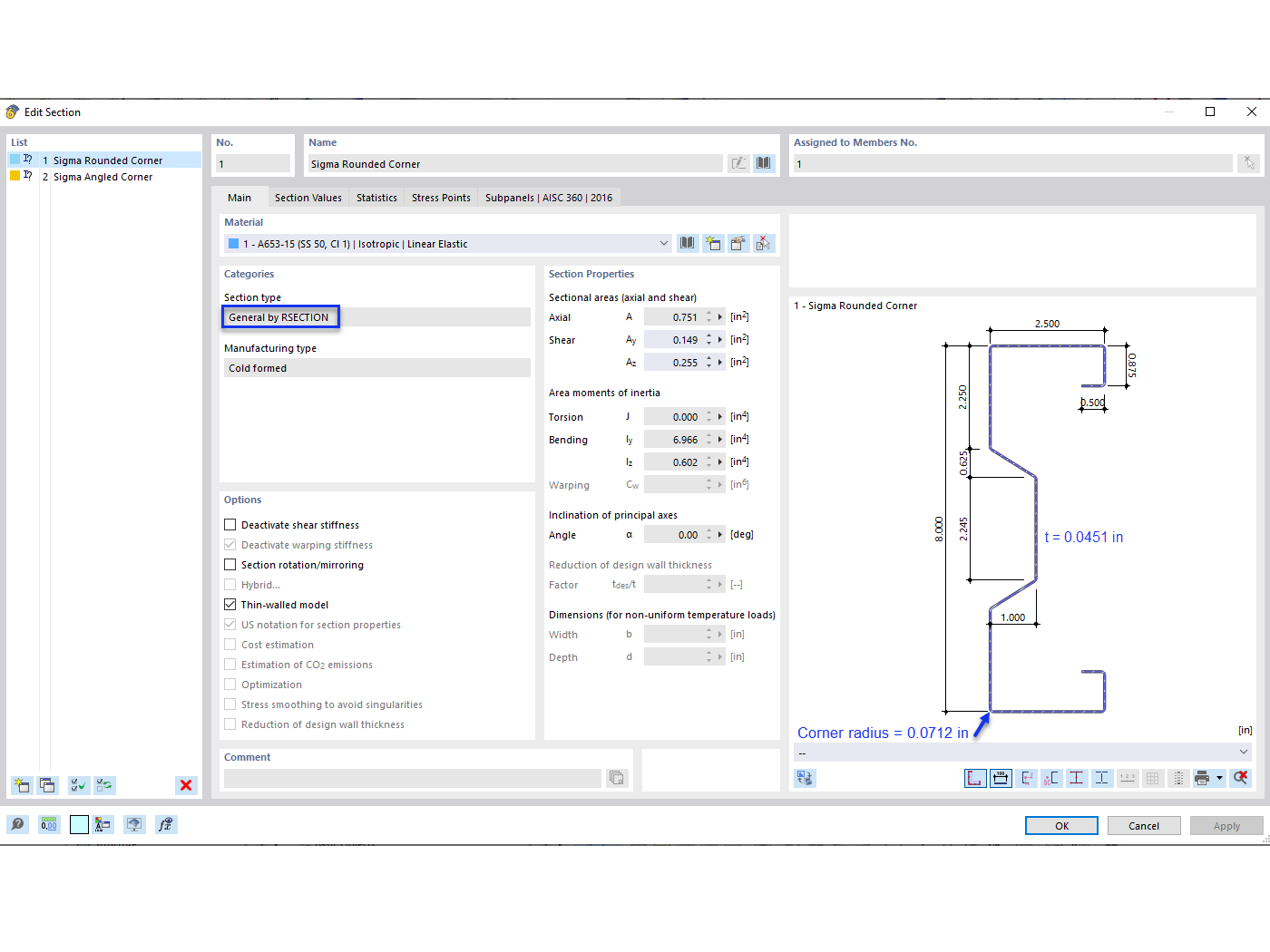 Ko 001841 | Vérification de l'acier formé à froid selon l'AISI à l'aide d'une section personnalisée dans RFEM 6