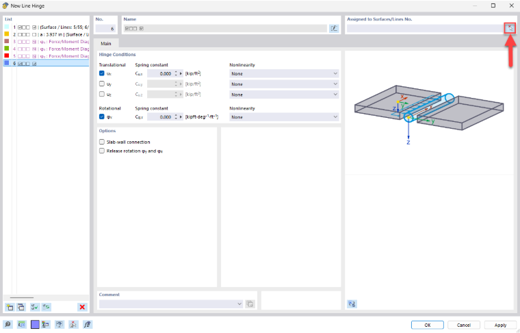 Une interface utilisateur montre la boîte de dialogue de configuration d’une articulation linéique avec des options de modification et de réglage des paramètres.