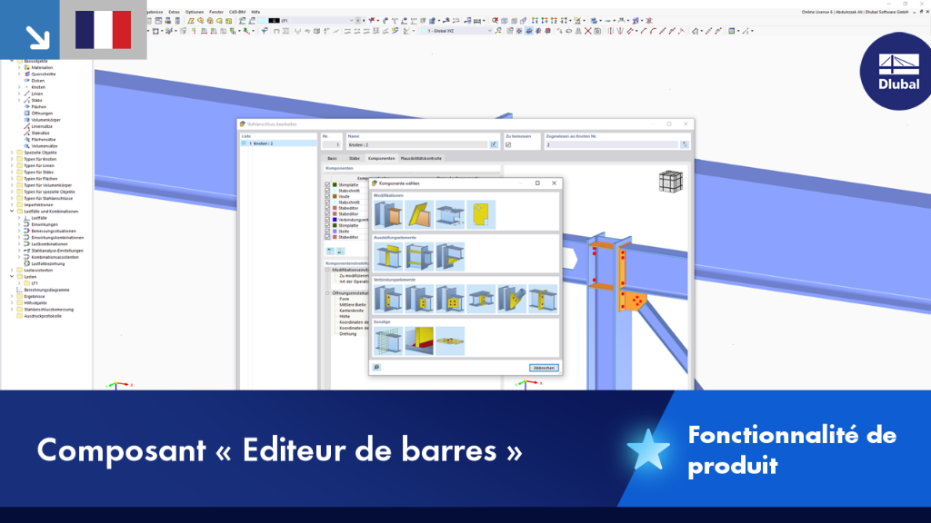 Éditeur de barre affichant les paramètres pour l’analyse linéaire et non linéaire d’une poutre