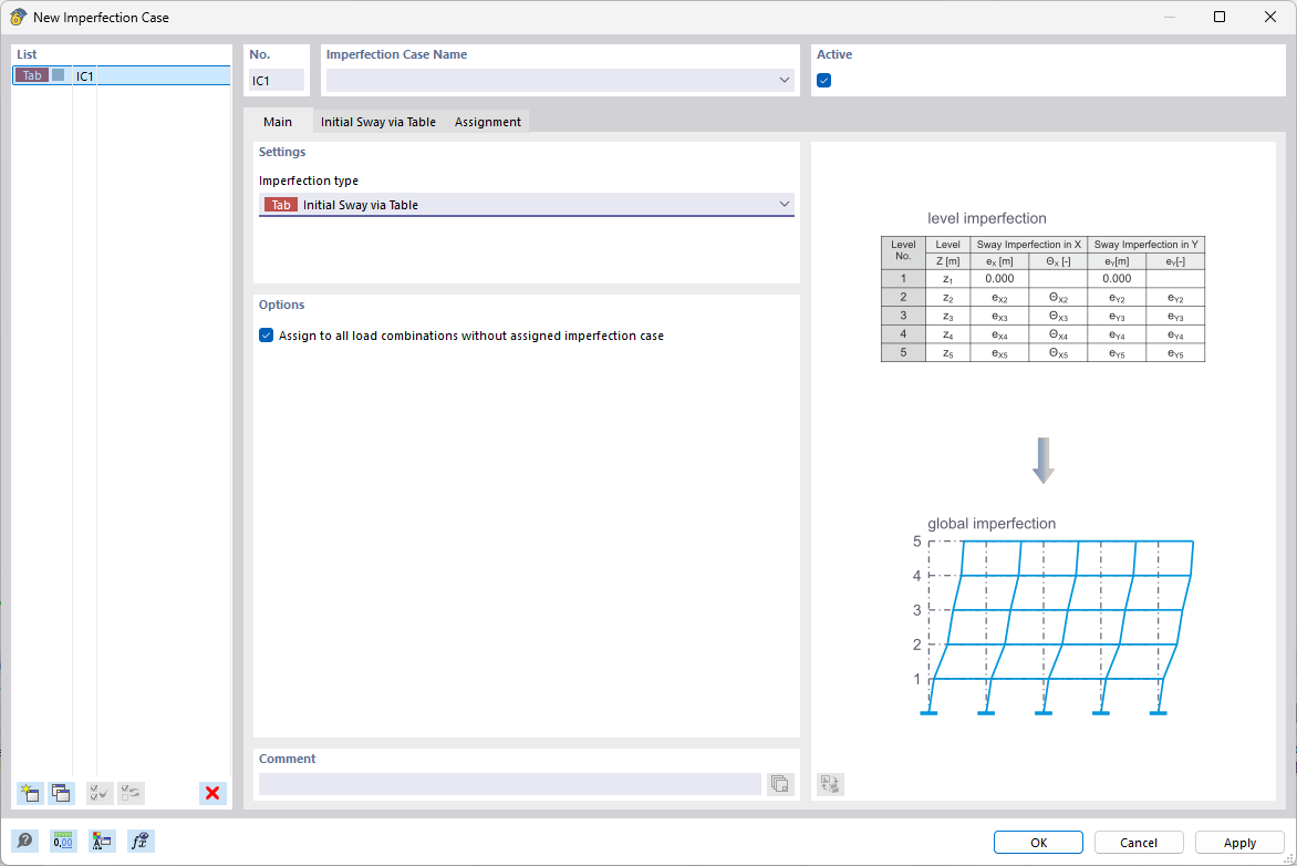 Type d’imperfection initiale de verticalité via le tableau