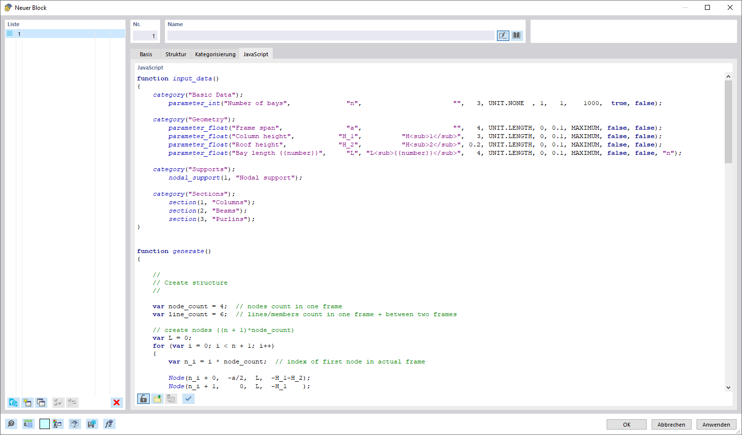 Options de modification dans la boîte de dialogue des blocs pour ajuster JavaScript dans Dlubal Center
