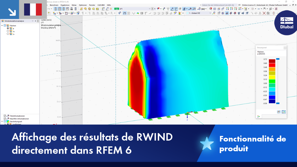Visualisation des résultats de RWIND Simulation dans l’environnement RFEM 6, montrant les effets aérodynamiques sur le modèle de structure.