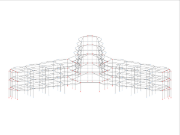 Une grille filaire tridimensionnelle d'une structure de bâtiment polygonal en forme d'étoile, mettant en valeur la conception architecturale et l'agencement avec des lignes entrecroisées.