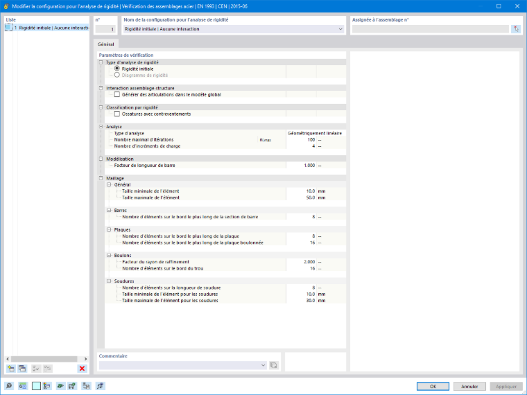 Paramètres de la configuration de l’analyse de rigidité pour la vérification des assemblages acier