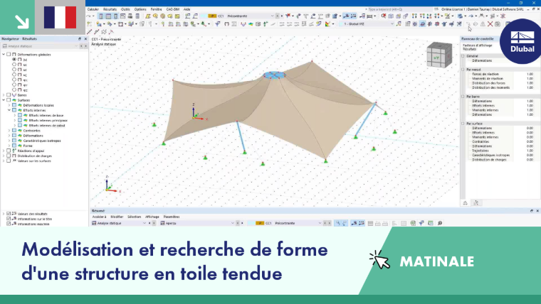 Structure en toile tendue analysée pour sa stabilité et sa forme optimale.
