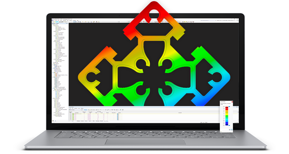 L'image montre une solution logicielle pour le calcul de sections et l'analyse des contraintes avec intégration aux MEF.