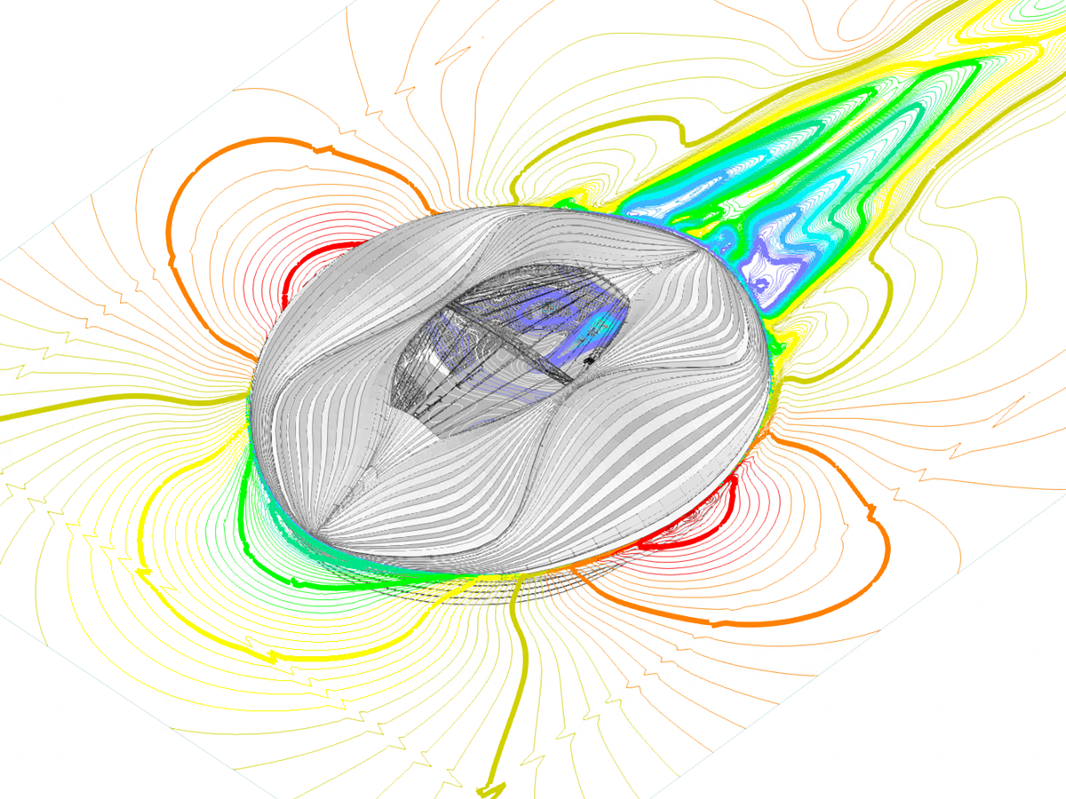 Ce modèle 3D du stade Al-Janoub montre les isolignes de vitesse du vent sur un plan horizontal.