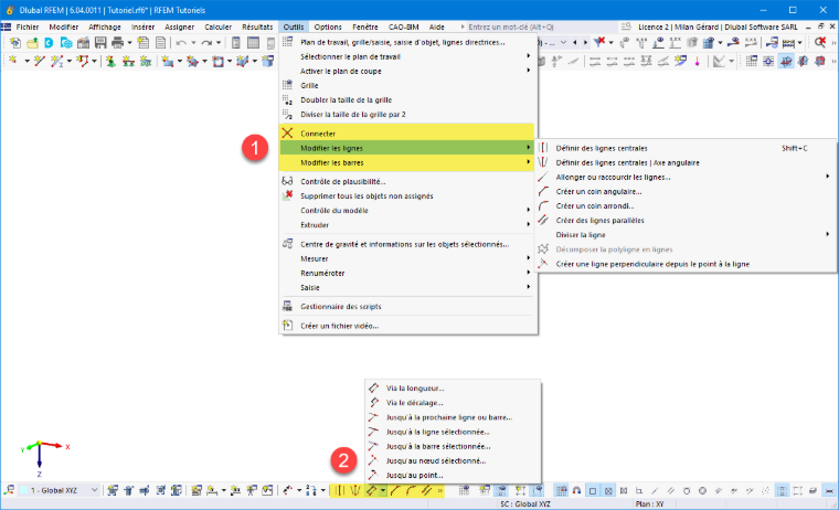 Outils de modélisation dans le menu « Outils » et boutons dans la barre d’outils de CAO