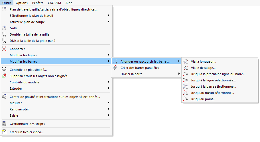 Fonctions du menu pour allonger ou raccourcir les barres
