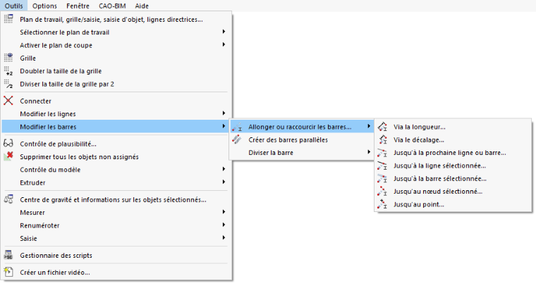 Fonctions du menu pour allonger ou raccourcir les barres