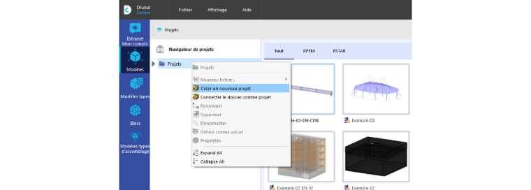 Menu « Fichier » pour les projets