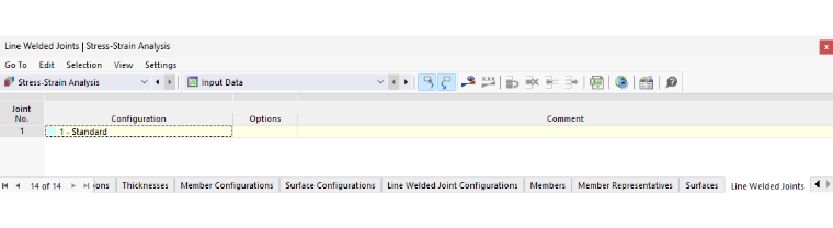 Tableau "Soudures linéaires" pour analyse Tension-Déformation