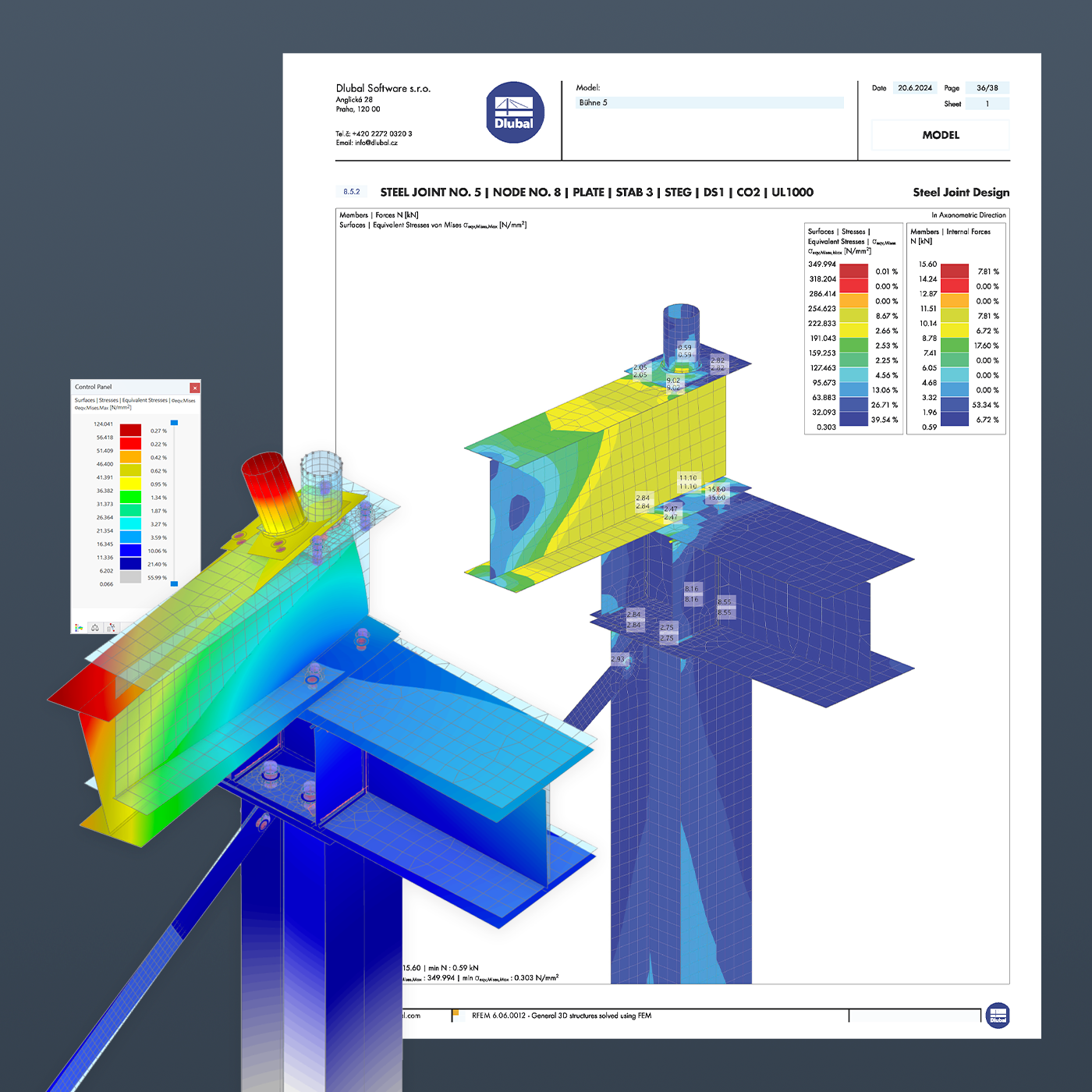 Modèle d'un assemblage déformé avec résultats dans le rapport d'impression de RFEM 6