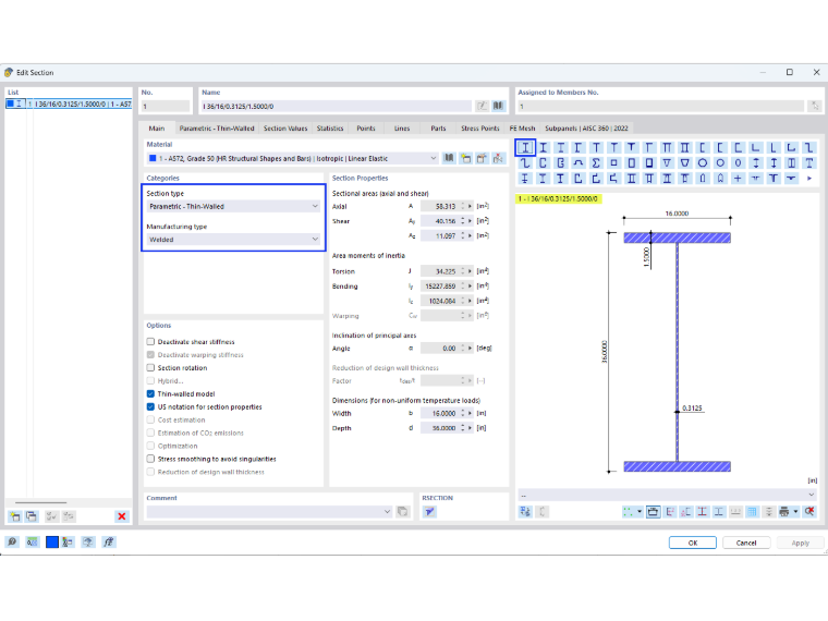 KB 001883 | Vérification des poutres à âme pleine selon l’AISC 360-22 dans RFEM 6