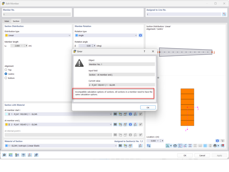 FAQ 005585 | Que signifie le message d’erreur « Options de calcul incompatibles » pour les barres avec distribution de section linéaire (inertie variable) ?