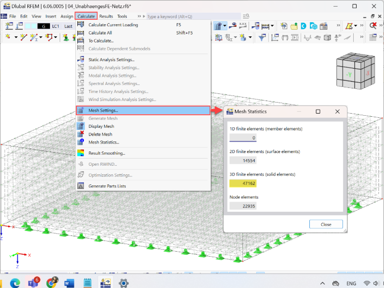 Statistiques du maillage EF généré sans utiliser la fonction « Maillage indépendant préféré »