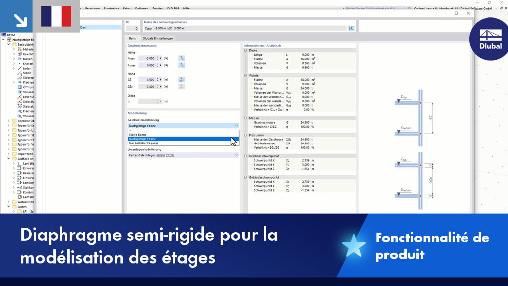Visualisation de la modélisation d’un étage avec un plan flexible pour simuler les déformations réelles de la construction.