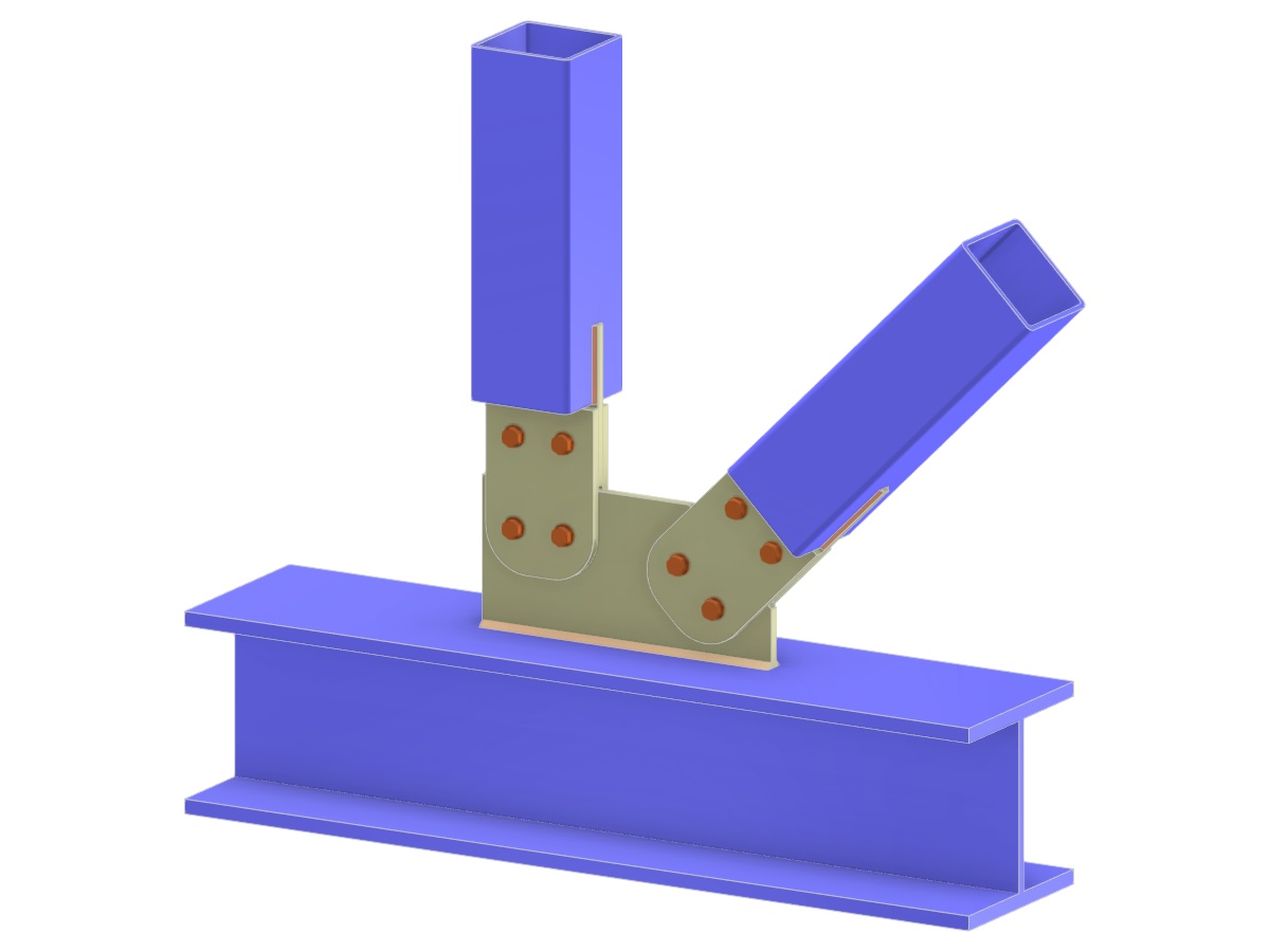 Modèle 005252 | Nœud en N de treillis | Assemblage des diagonales et des verticales aux membrures par gousset, ferrure et plaques de couverture