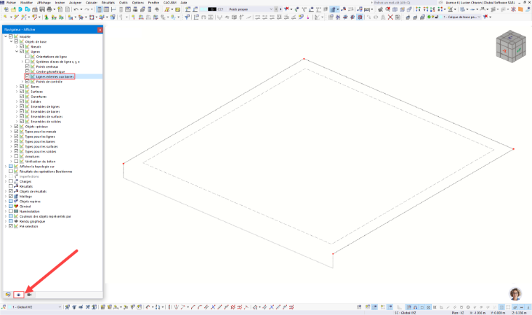 FAQ 005623 | J’ai créé un modèle dans lequel la dalle de plancher est entourée de nervures. Si j’assigne une barre de type nervure à la ligne de contour de la surface et l’aligne au bord inférieur de la surface