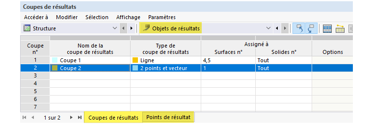 Objets de résultat dans le tableau